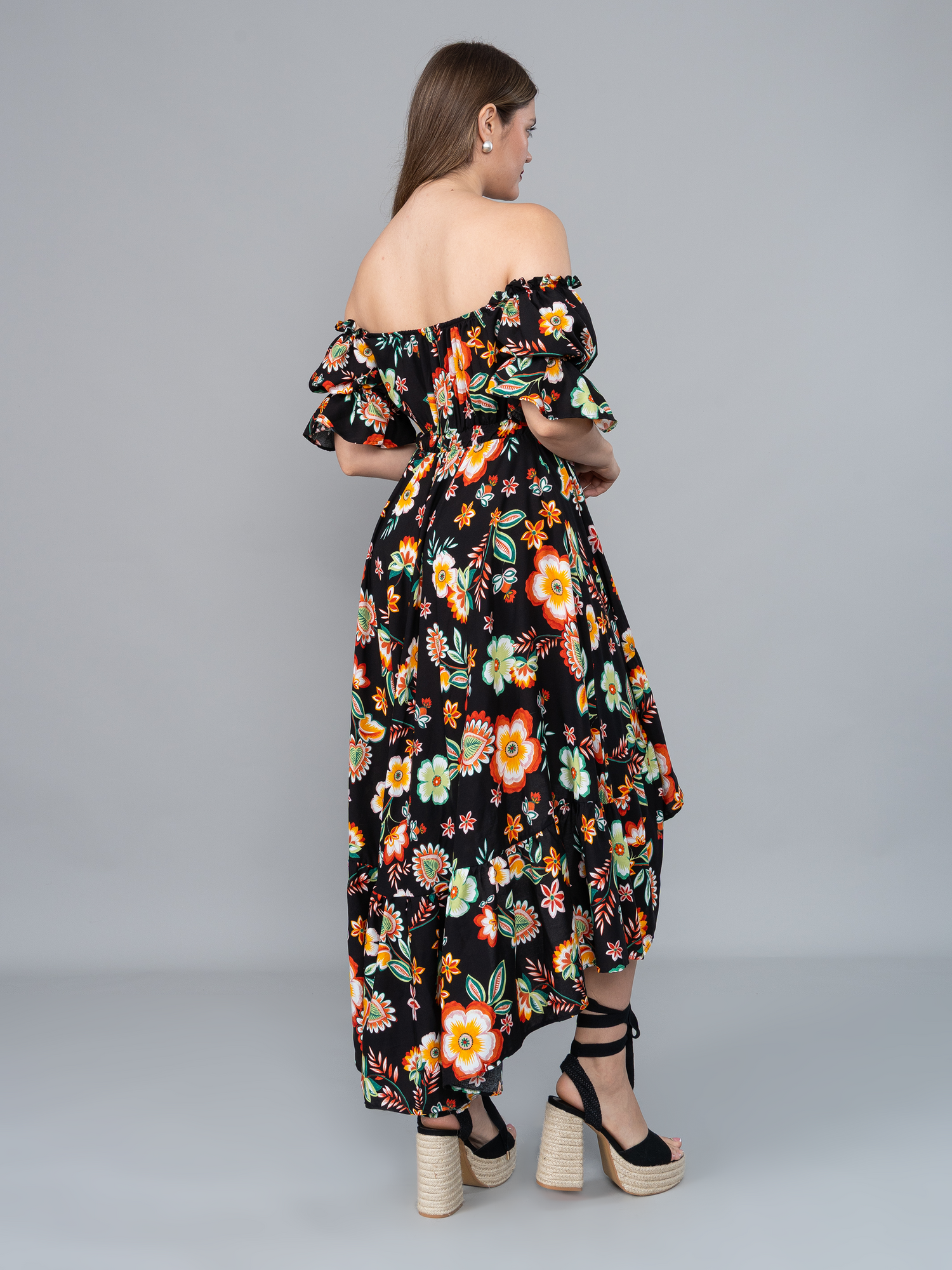 Vestido Off-Shoulder Estampado Negro